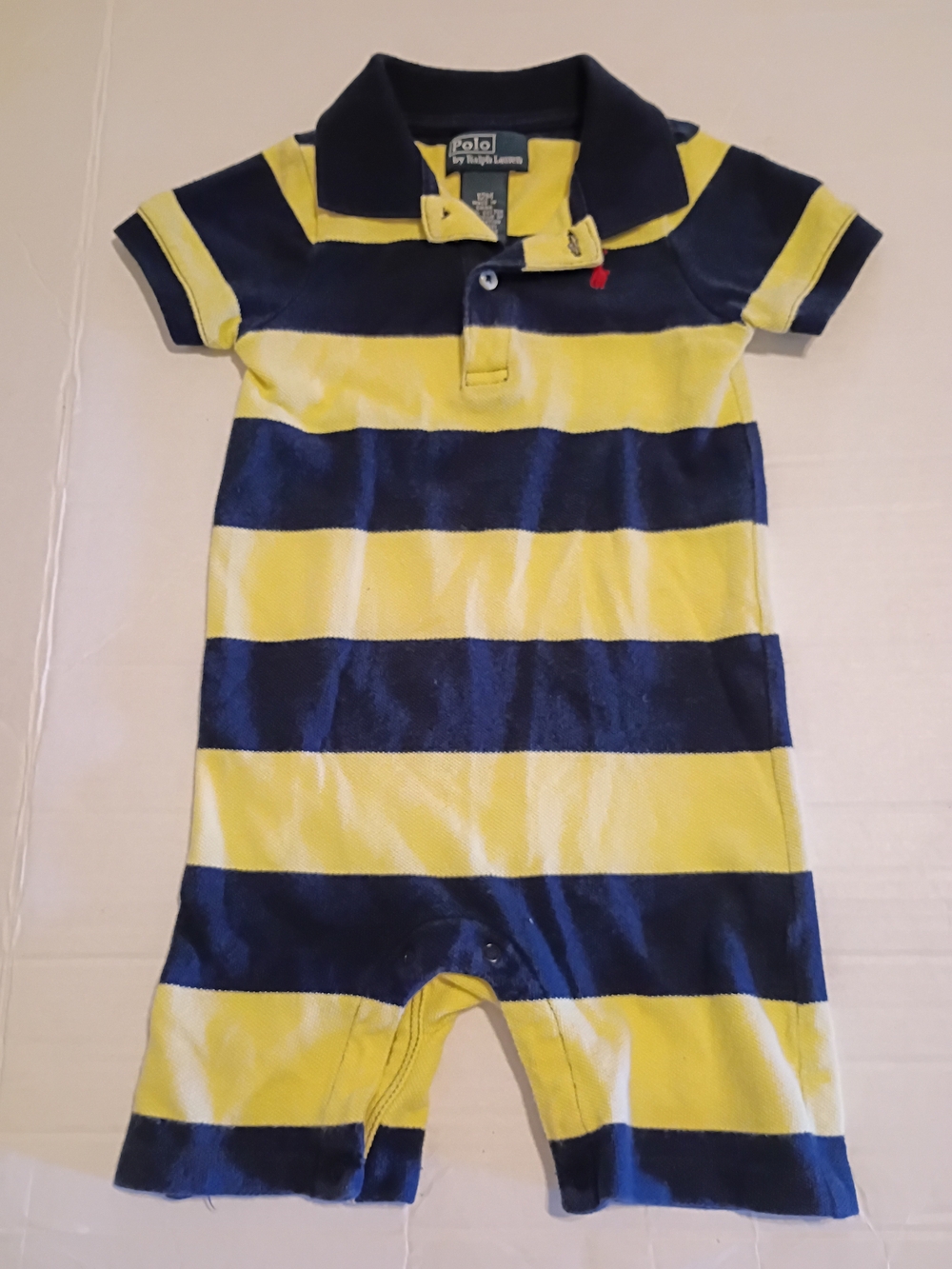 VTG Boys Polo by Ralph Lauren Yellow & Navy Stripe Baby One-Piece Sz 12 Months
